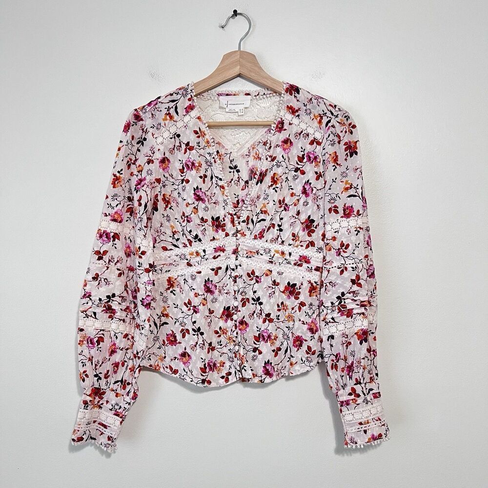 Anthropologie Puff Sleeve Floral Lace Trim Buttondown Blouse Top Size 4 Cottage - Picture 3 of 12